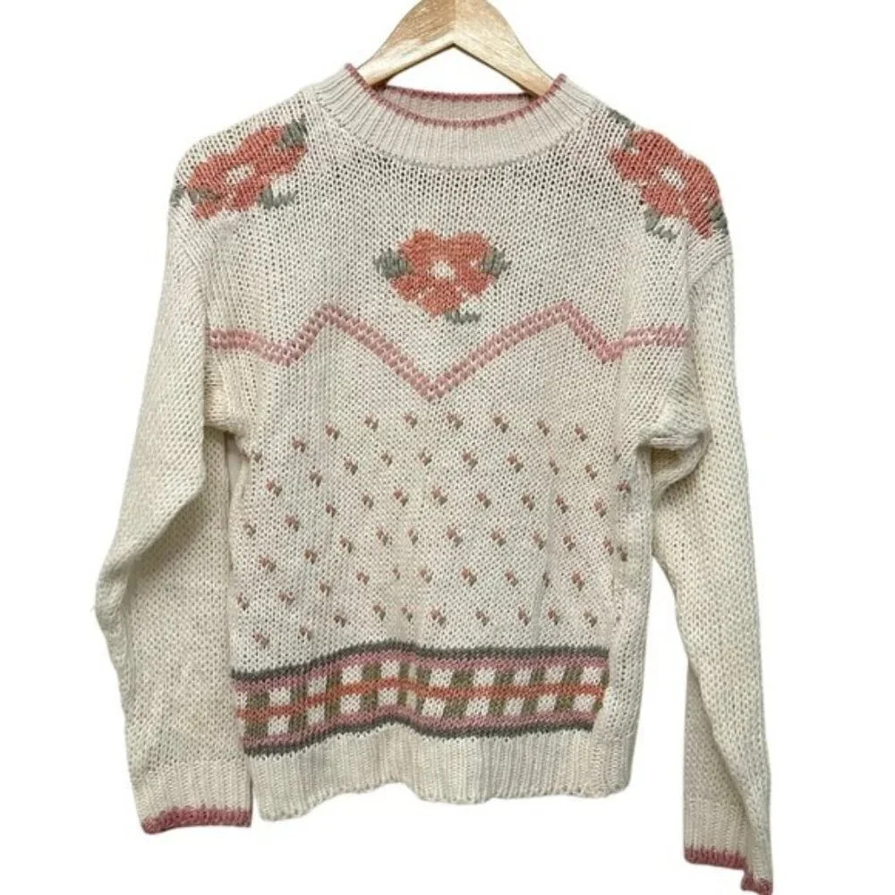 Vintage Handmade Crew Neck Floral Knit Pullover Sweater Neutrals Women's Medium